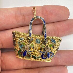 VTG Cloisonne Enamel Butterfly Floral Design Purse Pendant Filigree Design 1x2"